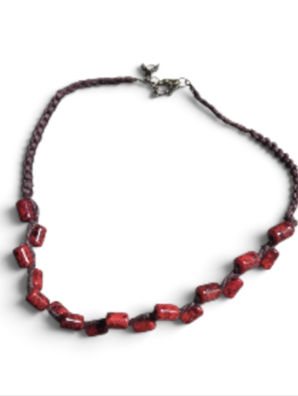 Vtg Handcrafted Red Bead Brown Braided Cord  Necklace - Women Jewelry